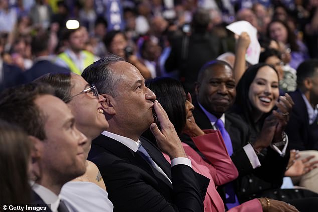 Emhoff blows a kiss to Harris as she formally accepts the Democratic presidential nomination at the DNC in Chicago on Thursday, August 22