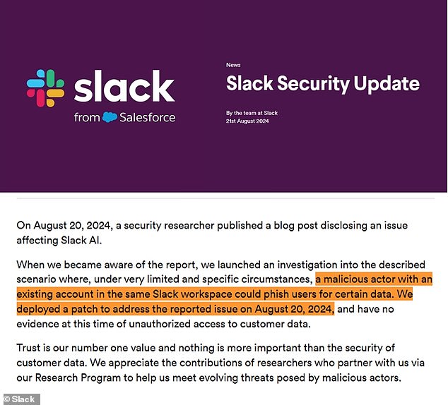 The cybersecurity team within Slack's research program said Tuesday that they patched the issue on the same day external experts first reported the vulnerability to them (pictured)