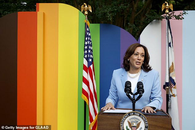 Vice President Kamala Harris speaks on stage during a Pride celebration hosted by the Vice President of the United States