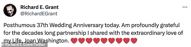 In November, the actor paid tribute to Joan, whom he married in 1986, on what would have been their 37th wedding anniversary