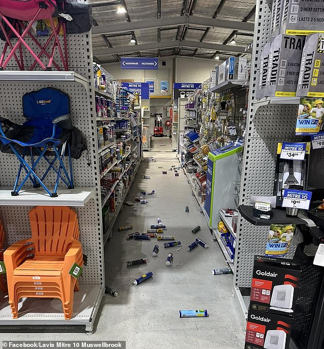 Lavis Mitre 10 in Muswellbrook posted a photo of items strewn across the aisles after the earthquake hit the town of Denman just after 12pm on Friday