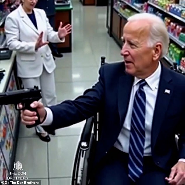 Current President Joe Biden is pictured holding his staff at gunpoint in a wheelchair