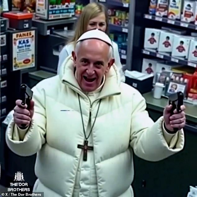 Pope Francis was shown holding several weapons while robbing a store