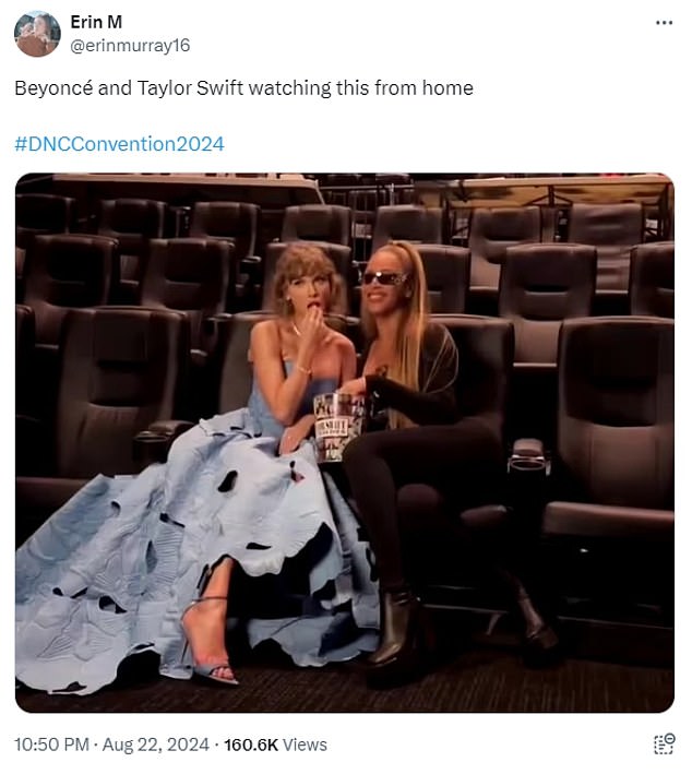 Another showed the singer and Taylor Swift eating popcorn in an empty theater, joking that they were watching the DNC from home