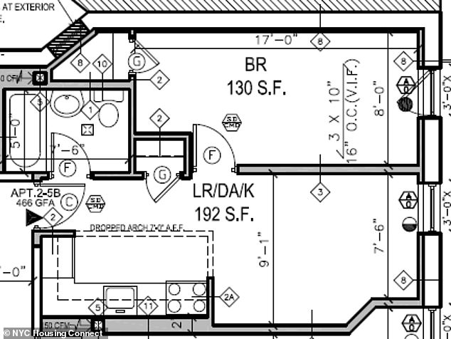 A floor plan of one of the studio apartments, which have a bathroom and a small kitchen