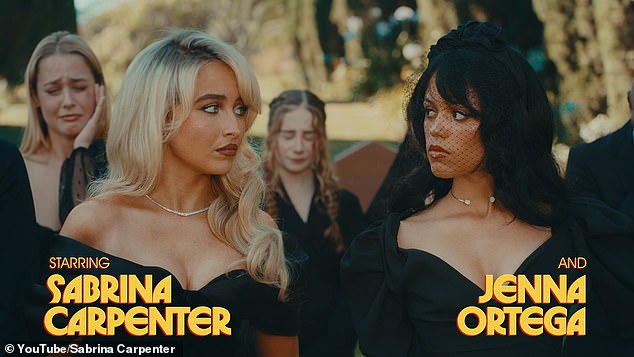 Sabrina and Jenna wear matching black to the funeral, where stylized yellow credits straight out of a Tarantino film appear on the screen before them