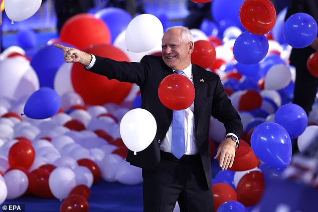 Walz reacts to the balloon drop at the end of the Democratic National Convention. Republicans have ridiculed his exuberance on the campaign trail