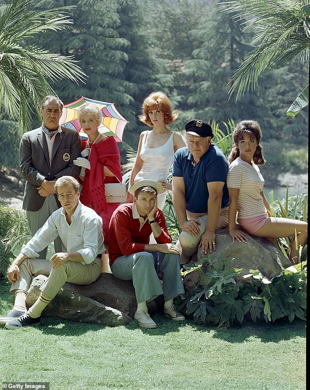 Portrait of the cast of Gilligan's Island, 1964. Back row, from left, American actors Jim Backus (1913 - 1989) as Thurston Howell III, Natalie Schafer (1900 - 1991) as Mrs. Howell, Tina Louise as Ginger Grant, Alan Hale Jr. (1918 - 1990) as the Skipper and Dawn Wells as Mary Ann Summers; front row, from left, Russell Johnson as the Professor and Bob Denver as Gilligan