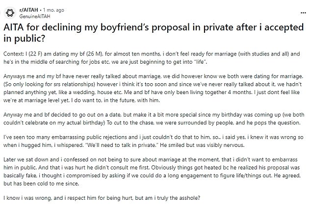 A post on the site's infamous Am I the A**hole thread detailed the experience of a woman who was publicly proposed to ten months into their relationship