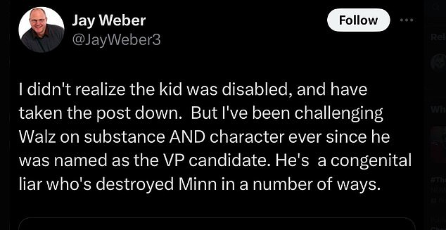 “I didn't realize the child was disabled and deleted the post,” he wrote in a follow-up tweet