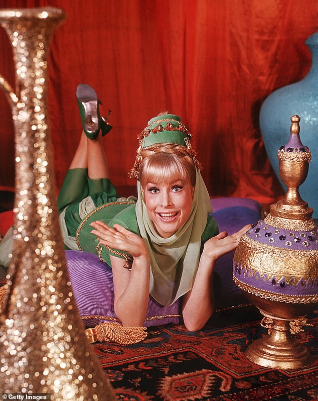 Eden is best known for her starring role in five seasons of I Dream Of Jeannie. She played a 2,000-year-old genie who is saved by her future love interest, an astronaut played by future Dallas star Larry Hagman; publicity still from the series