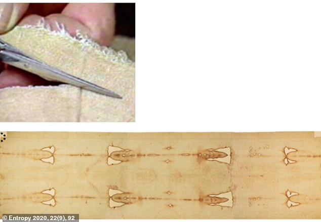 The piece was cut from the lower back corner of the shroud, which experts say was not repaired in the Middle Ages