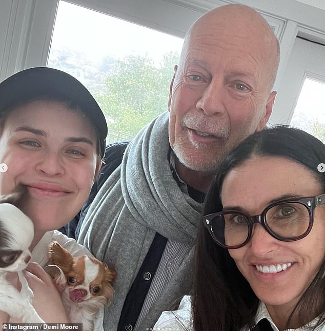 Demi Moore has urged families of people with dementia to 'let go' of who they were following her ex-husband Bruce's (pictured with daughter Tallulah) diagnosis