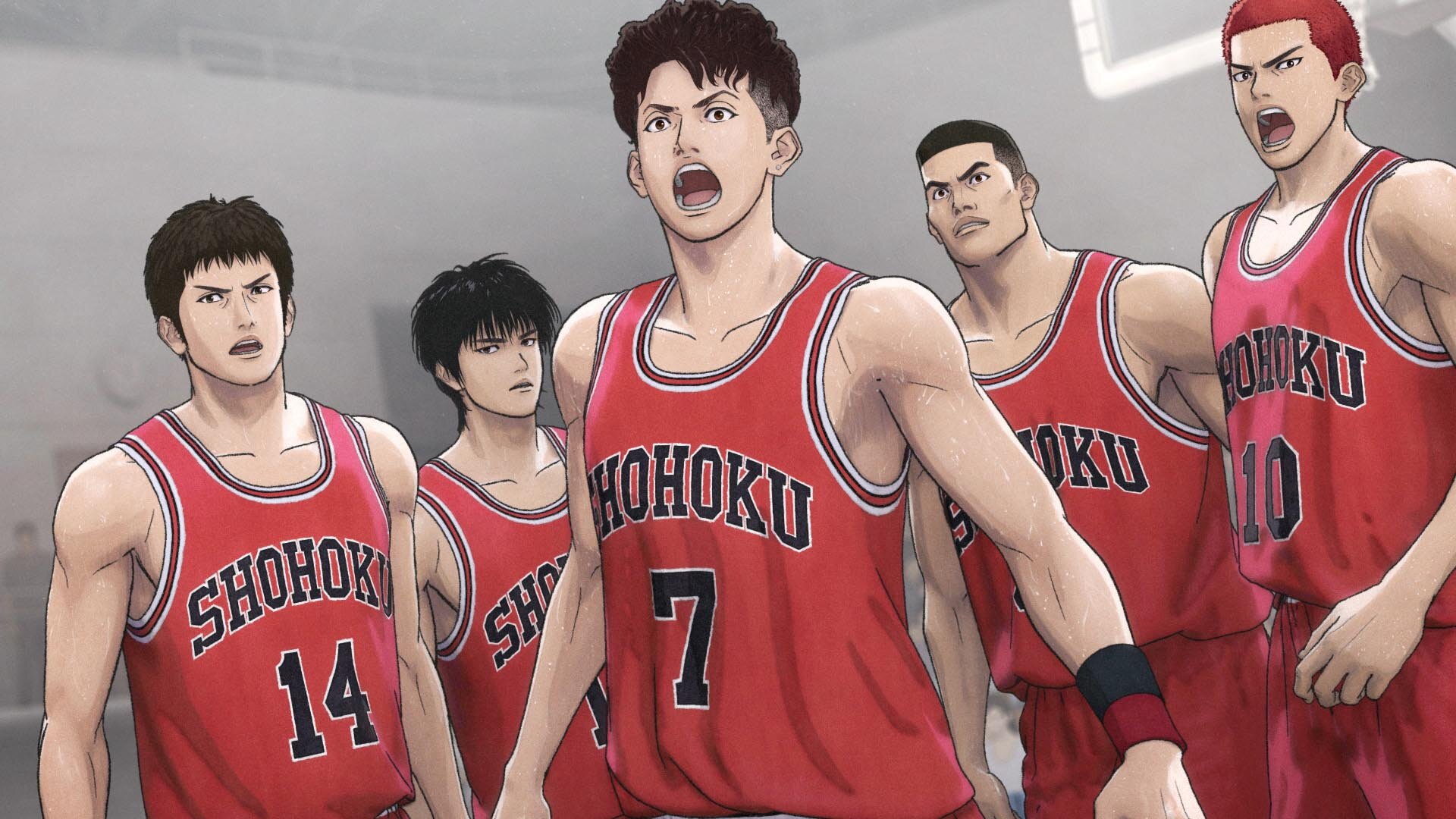 A group of animated teenage boys in matching basketball jerseys stand on a court in The First Slam Dunk.