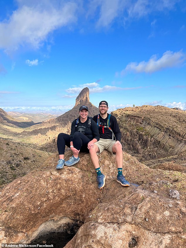 Family members have since confirmed that her husband Andrew, pictured here with Nickerson, was found by local rafters while she remains missing.