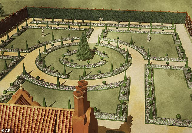 A preliminary rendering of the reconstructed garden shows topiaries pruned into spheres and pyramids in the garden