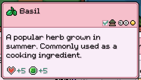 A tooltip for Basil from Fields of Mistria, stating how much it costs to sell and how much HP and stamina it restores when eaten.