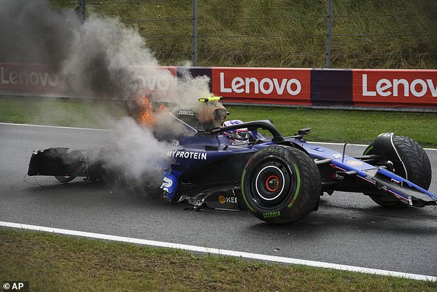 After hitting the barriers, the rear of Sargeant's Williams was engulfed in flames