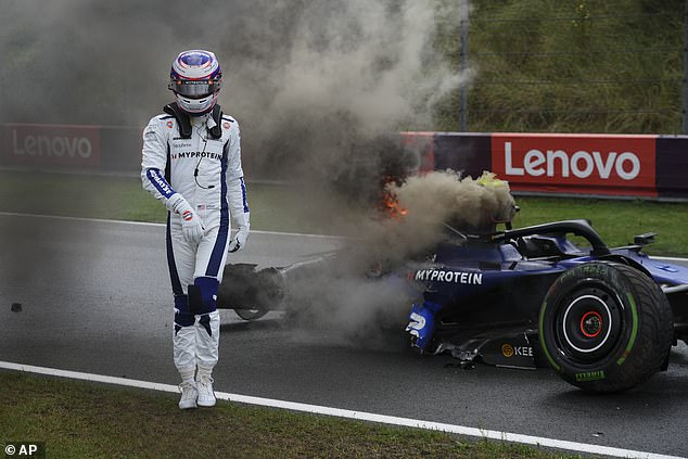 The American lost control of his Williams exiting Turn 3 in wet conditions