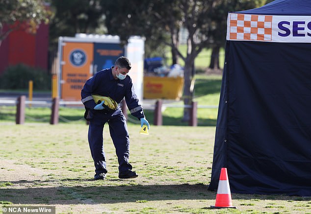 Police were seen combing the area around the stabbing, with one officer saying several knives were found nearby