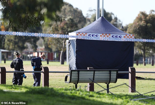 An SES marquee was set up in Balmoral Park to shield Mr Athum's body from the public