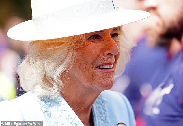 Pictured: Queen Camilla appeared in high spirits as she arrived at the Ebor Festival at York Racecourse