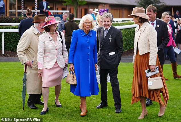 The royal was seen with William Derby - the managing director of York Racecourse - and wore her ruby, diamond and sapphire horseshoe brooch