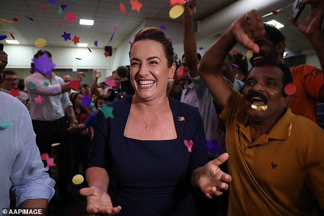 NT Country Liberal Party leader Lia Finocchiaro celebrates her victory on Saturday night