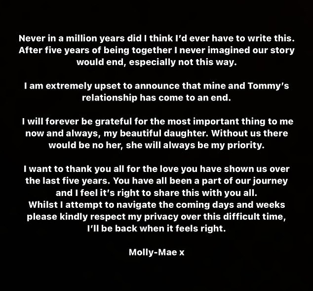 Molly-Mae's Instagram post saying she is 'extremely upset to announce my relationship with Tommy has ended'