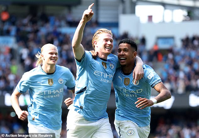 Kevin De Bruyne (centre) scored the goal on a successful afternoon for the home side at the Etihad Stadium