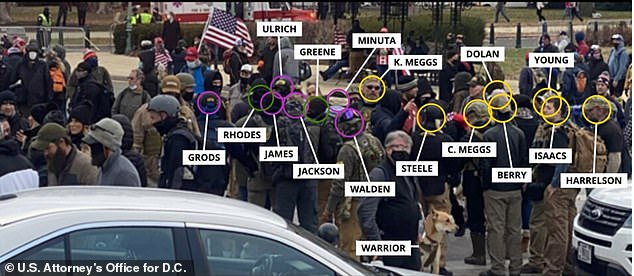 Moore wrote that after the Klan members were convicted, KKK numbers plummeted, with many joining groups like the Proud Boys and the Oath Keepers. Prosecutors allege that the people circled above in a photo taken on January 6, 2021, were Oath Keepers present during the Capitol riots.