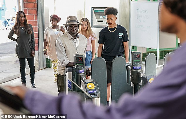 He is seen as a father figure to several characters, namely sisters Denise Fox (Diane Parish, far left) and Kim Fox (Tameka Empson, second from left)