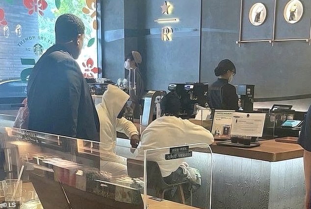 Kanye, pictured at a Starbucks in Seoul, was there for his Vultures 2 listening party with Ty Dolla $ign on Friday, followed by another event in Taiwan on Sunday