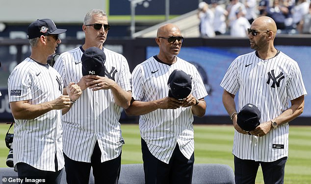 Former Yankees stars Jorge Posada, Andy Pettitte, Mariano Rivera and Derek Jeter attend the team's Old Timer's Day on Saturday