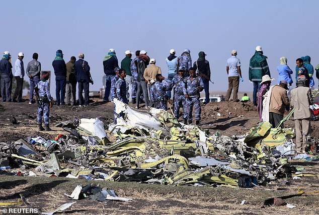 Pictured: The crash site of Ethiopian Airlines Flight 302. The aircraft was a Boeing 737 MAX 8 and crashed six minutes after takeoff on March 10, 2019. All 149 passengers and eight crew members died on impact