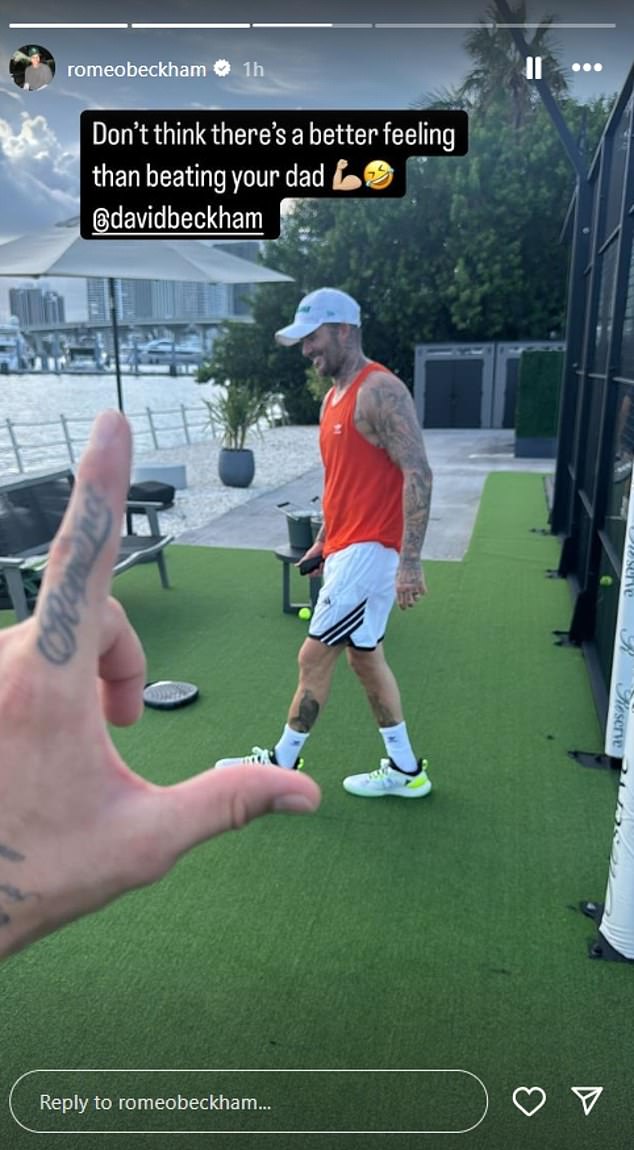 Romeo took to Instagram last week to tease his famous father David after beating him at padel, showing off his victory to his four million followers