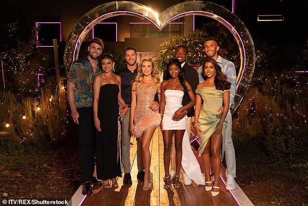 Love Island series nine finalists. L-R: Tom Clare and Samie Elishi (third place), Lana Jenkins and Ron Hall (runners-up), Tanya and Shaq, and Sanam Harrinanan and Kai Fagan (winners)