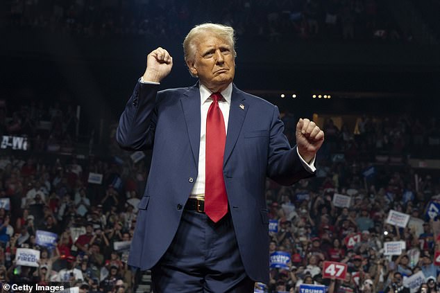 Tump leaves the stage after speaking during a campaign rally at Desert Diamond Arena on August 23, 2024 in Glendale, Arizona