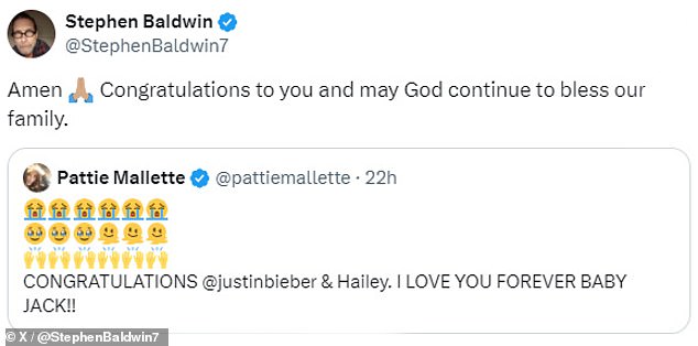 In response to her tweet, Baldwin posted a message back to Mallette and their children.