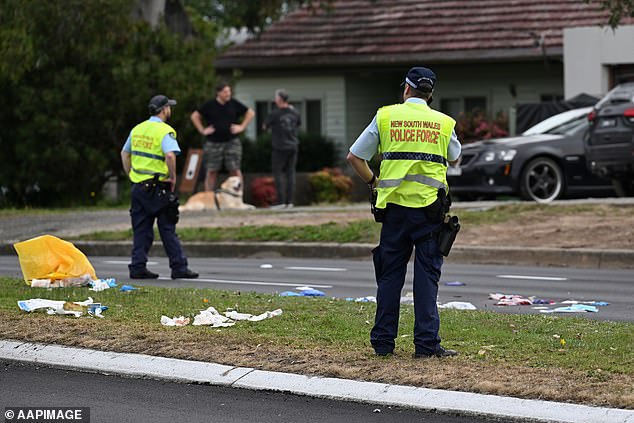 Authorities have closed Princess Highway in both directions between Farnell Avenue and Loftus-Heathcote Road while police investigate the incident (pictured are officers at the scene)