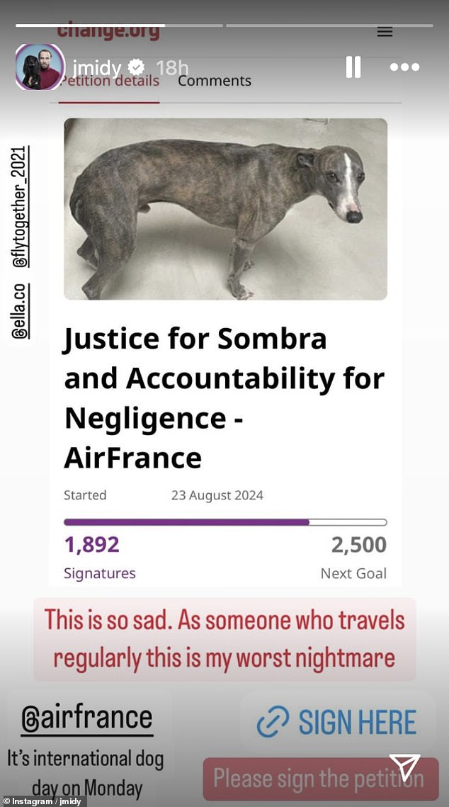 The Princess of Wales' brother shared the petition to find Sombra on his Instagram Stories, saying it was his 'worst nightmare'