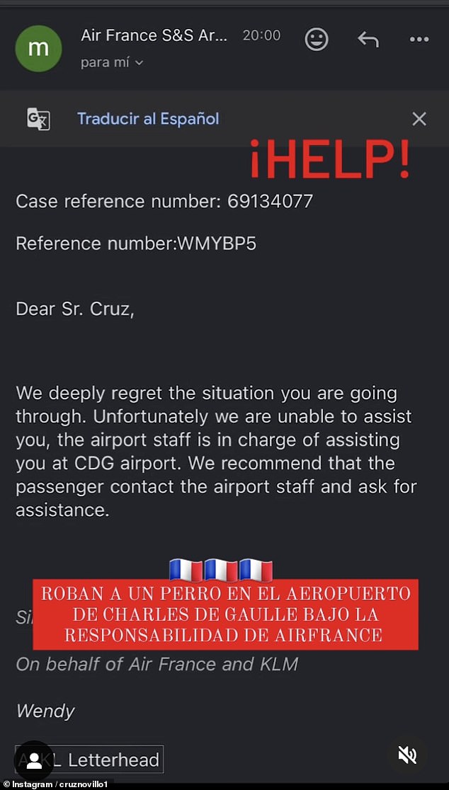 Sombra owner Cruz Novillo Astrada shared screenshots of Air France emails on Instagram