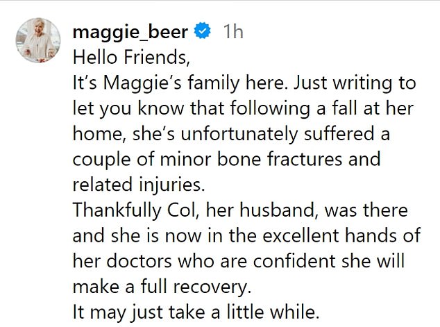 The Great Australian Bake Off star is now recovering and a family member shared a message with her Instagram followers on Sunday evening