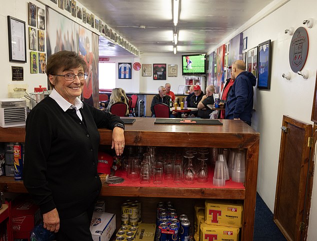 Maggie Minford behind the supporters bar at Blair Park, Hurlford