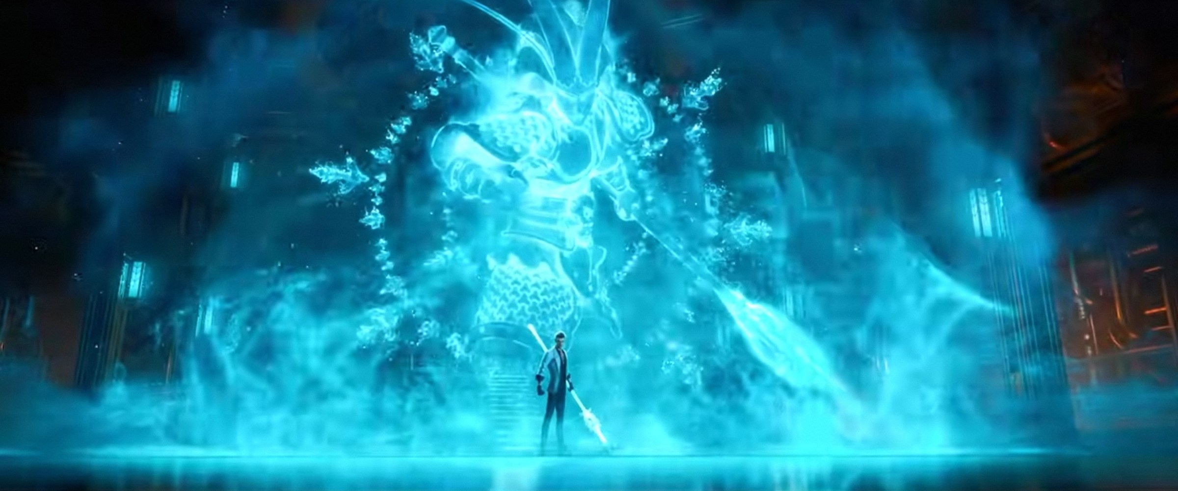 A man with a spear stands in front of a huge glowing larger man with a spear in New Gods: Nezha Reborn