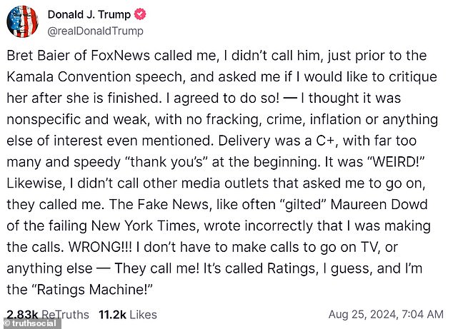 Trump posted this message on Truth Social on Sunday morning attacking Maureen Dowd