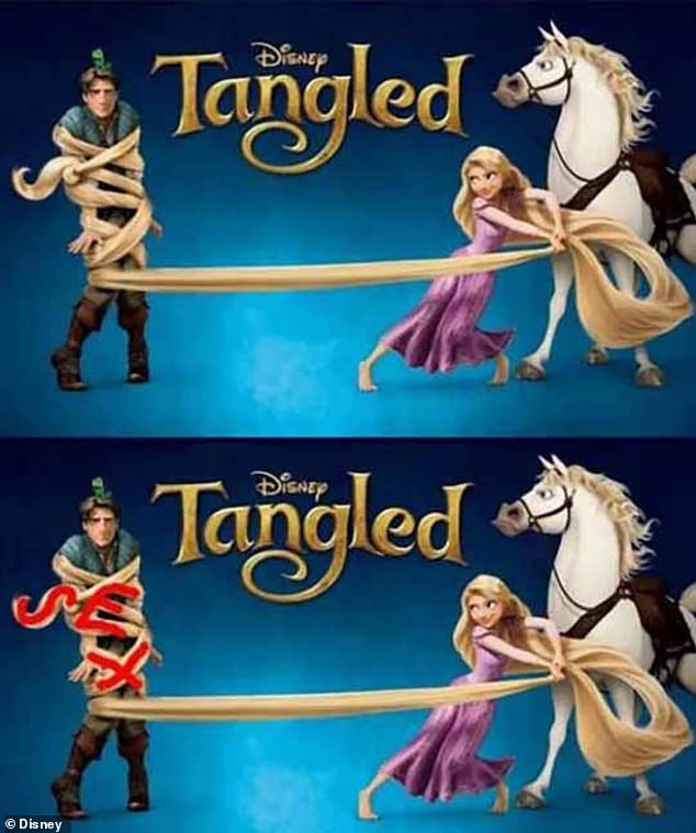 The 2010 Tangled poster shows Rapunzel using her long, golden locks as a lasso to capture the handsome thief Flynn. However, fans believe that the hair wrapped around his body is deliberately shaped to spell 