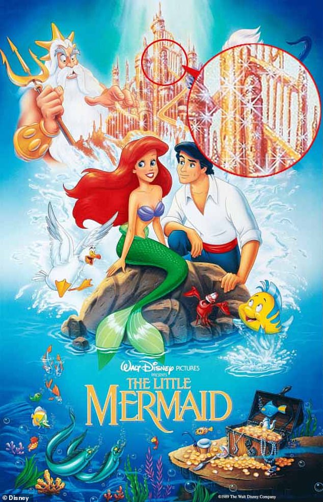 The Little Mermaid promotional poster shows Ariel, Prince Eric, Sebastian, Ursula, Flounder and King Triton posing in front of the king's sea palace. However, fans noticed some phallic features on the exterior