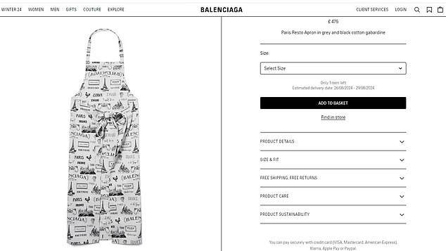 A Paris-themed apron from Balenciaga's Olympic Games collection, complete with images of the city's famous landmarks