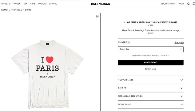 An 'I love Paris' shirt in dry white vintage jersey sells for £425